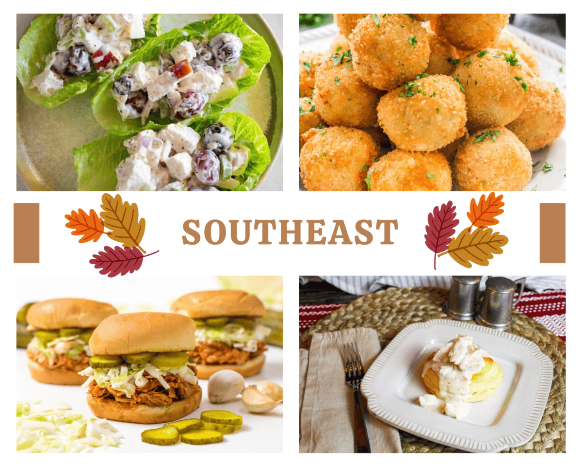 A collage image of four meals to use leftover turkey in after Thanksgiving that highlight the southeast United States: Turkey and Biscuits, Potato Croquettes, Turkey Salad, and BBQ Turkey Sandwich.