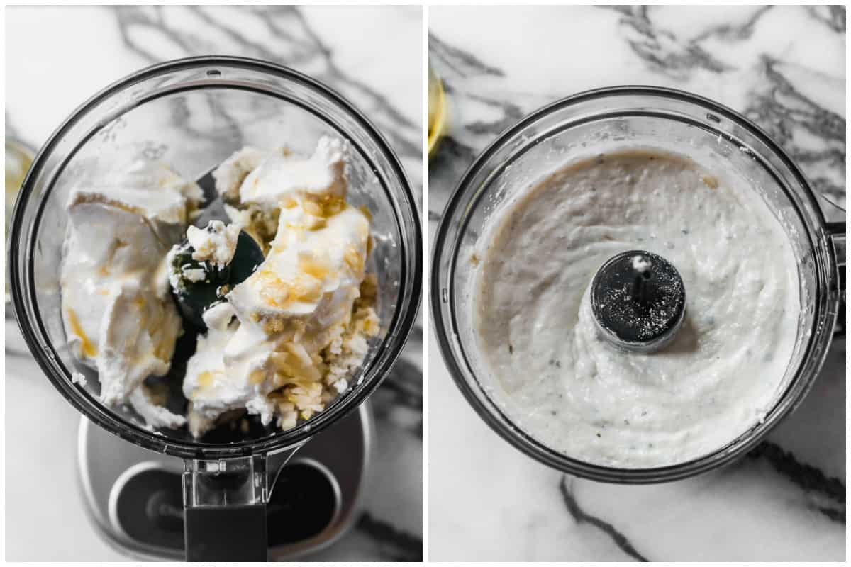 Two images showing goat cheese, cream cheese, olive oil, garlic, and salt in a food processor before and after it's mixed.