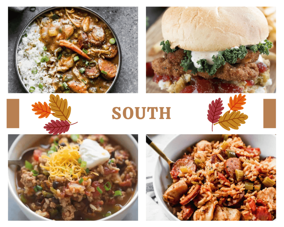 A collage image of four meals to use leftover turkey in after Thanksgiving that highlight the southern United States: Turkey Gumbo, Turkey Jambalaya, Turkey Chili, and Fried Turkey Sandwich.