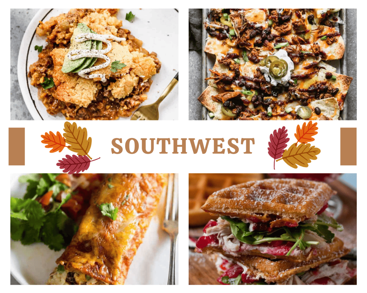 A collage image of four meals to use leftover turkey in after Thanksgiving that highlight the southwest United States: Turkey Tamale Pie, Turkey Enchiladas, Turkey Nachos, and Turkey Waffle Sandwich.