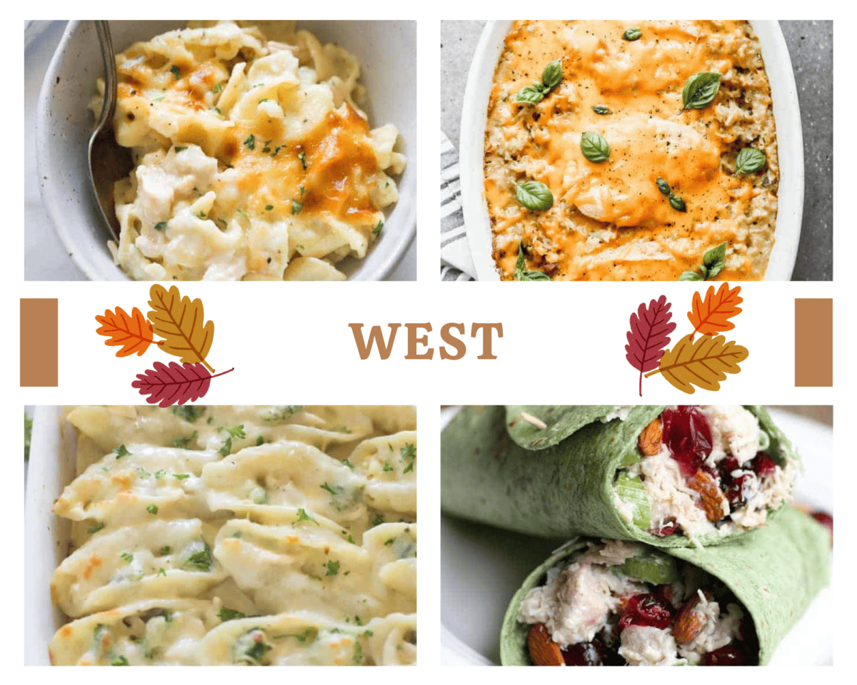 A collage image of four meals to use leftover turkey in after Thanksgiving that highlight the western United States: Turkey Noodle Casserole, Turkey Rice Casserole, Turkey Alfredo Stuffed Shells, and Turkey Cranberry Almond Wrap.