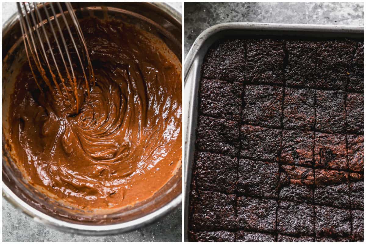 Two images showing homemade chocolate pudding and baked chocolate cake, cut into squares to prep for the best Chocolate Trifle recipe.