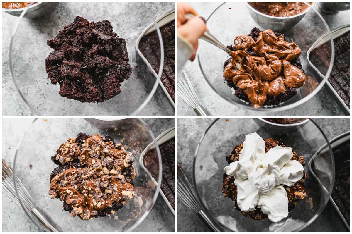 Four images showing the layering process of making a triple chocolate trifle.