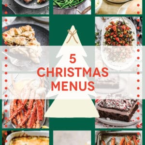 A graphic showing a variety of dishes that are included in five Christmas menu ideas.