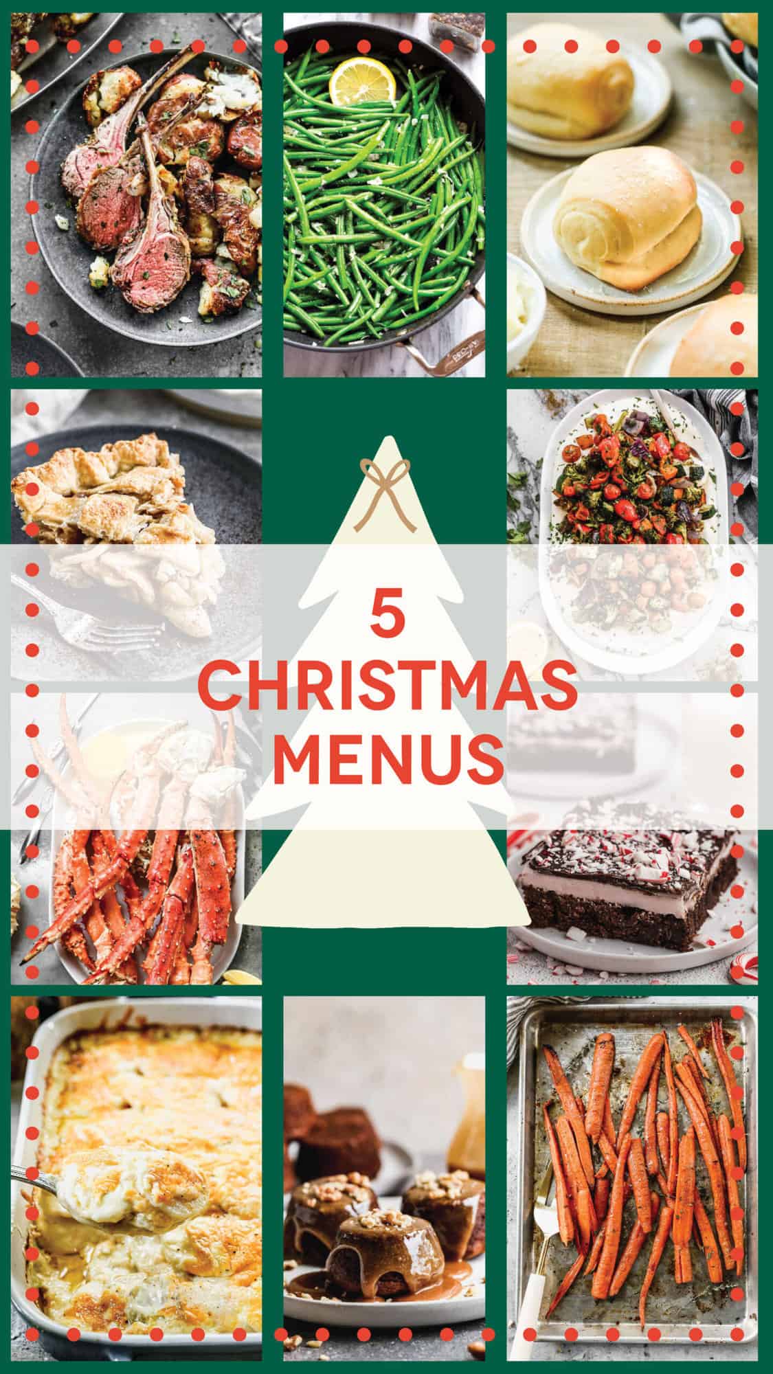 A graphic showing a variety of pictures to highlight various dishes from Christmas Dinner Menu ideas.
