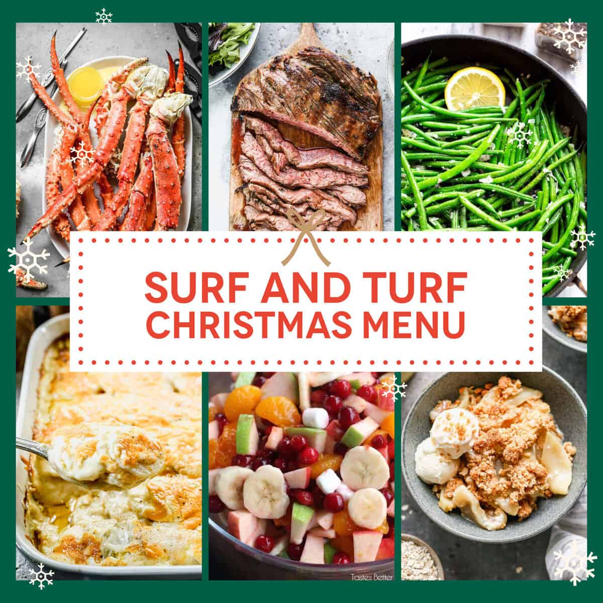 A graphic showing a classic surf and turf menu idea for Christmas dinner.