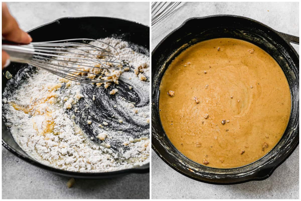 Two images showing the process of making a roux, whisking together butter and flour; then after it's cooked to a golden color.