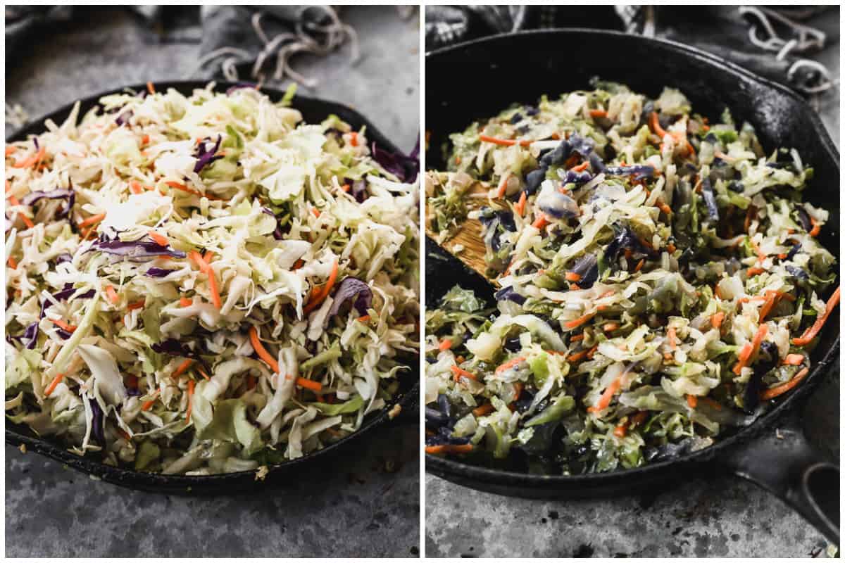 Two process photos of coleslaw being added to a skillet to cook.
