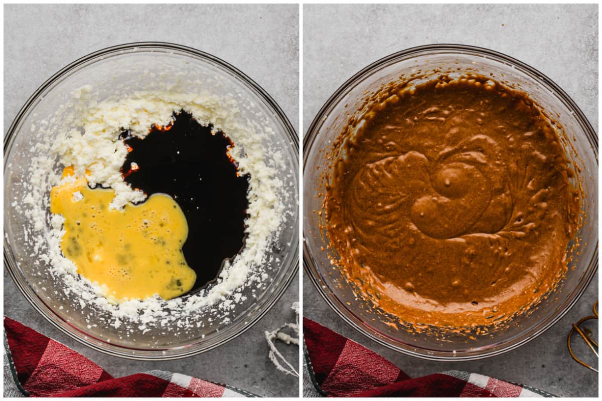 Two images showing eggs and molasses poured on top of creamed butter and sugar, and then after it's all mixed together.