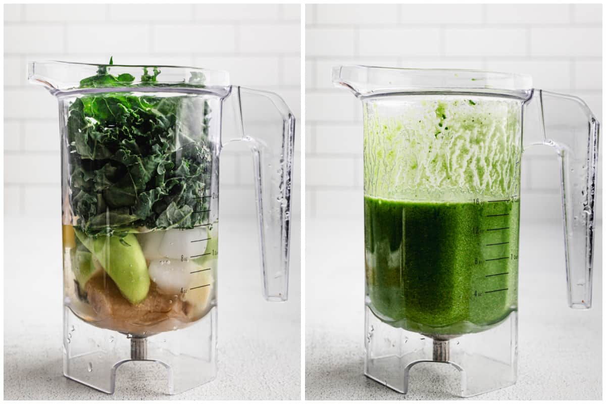 Two images showing how to make a green smoothie by showing it before and after it's blended using a blender.