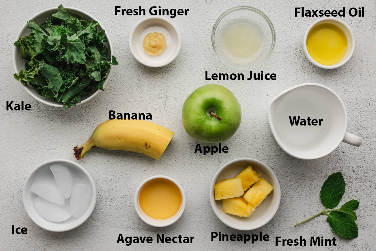 An image showing all the ingredients for making a healthy Green Smoothie recipe. 