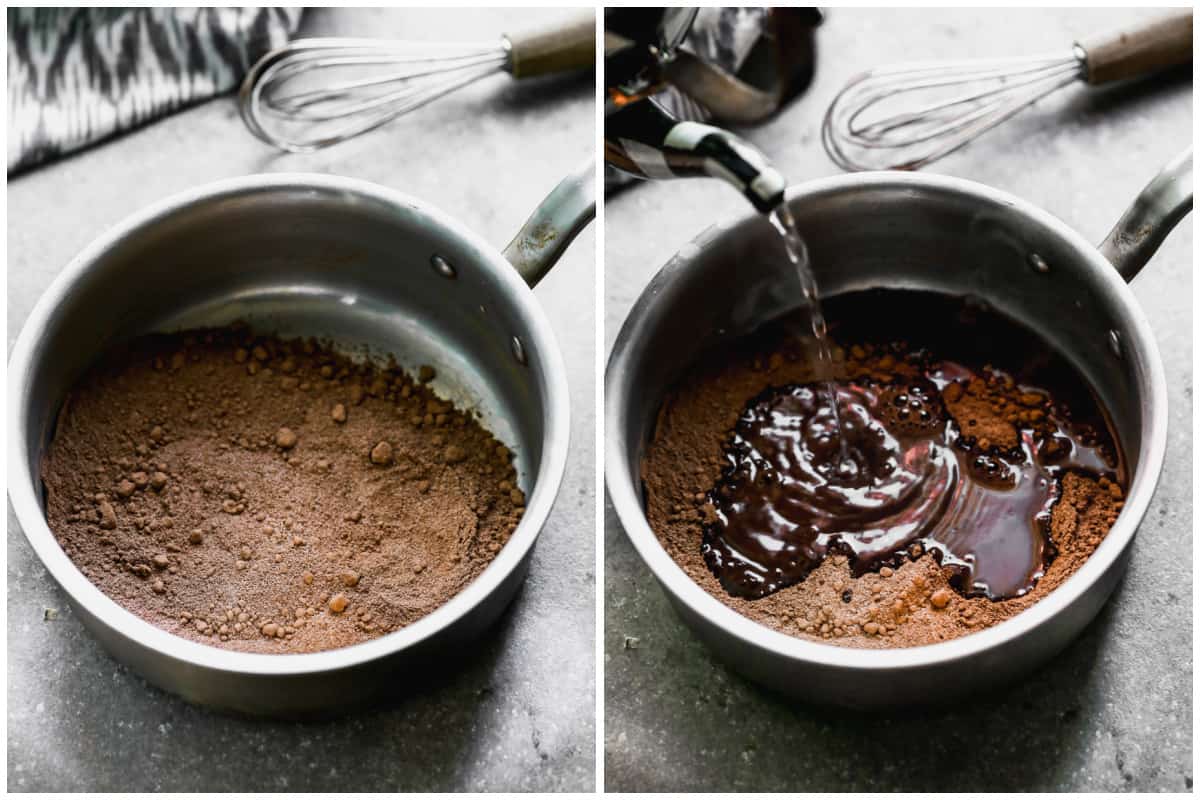 Two images showing how to make hot cocoa by combining the dry ingredients in a saucepan and adding boiling water.