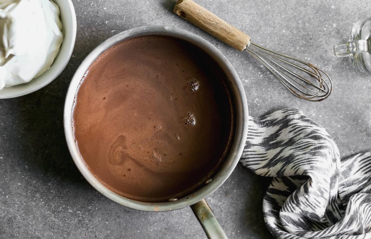 A pot filled with an easy hot cocoa recipe.