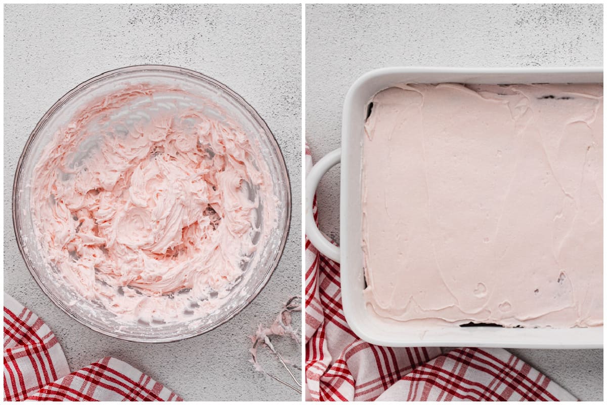 A whipped peppermint frosting in a bowl, then after it's spread on brownies.