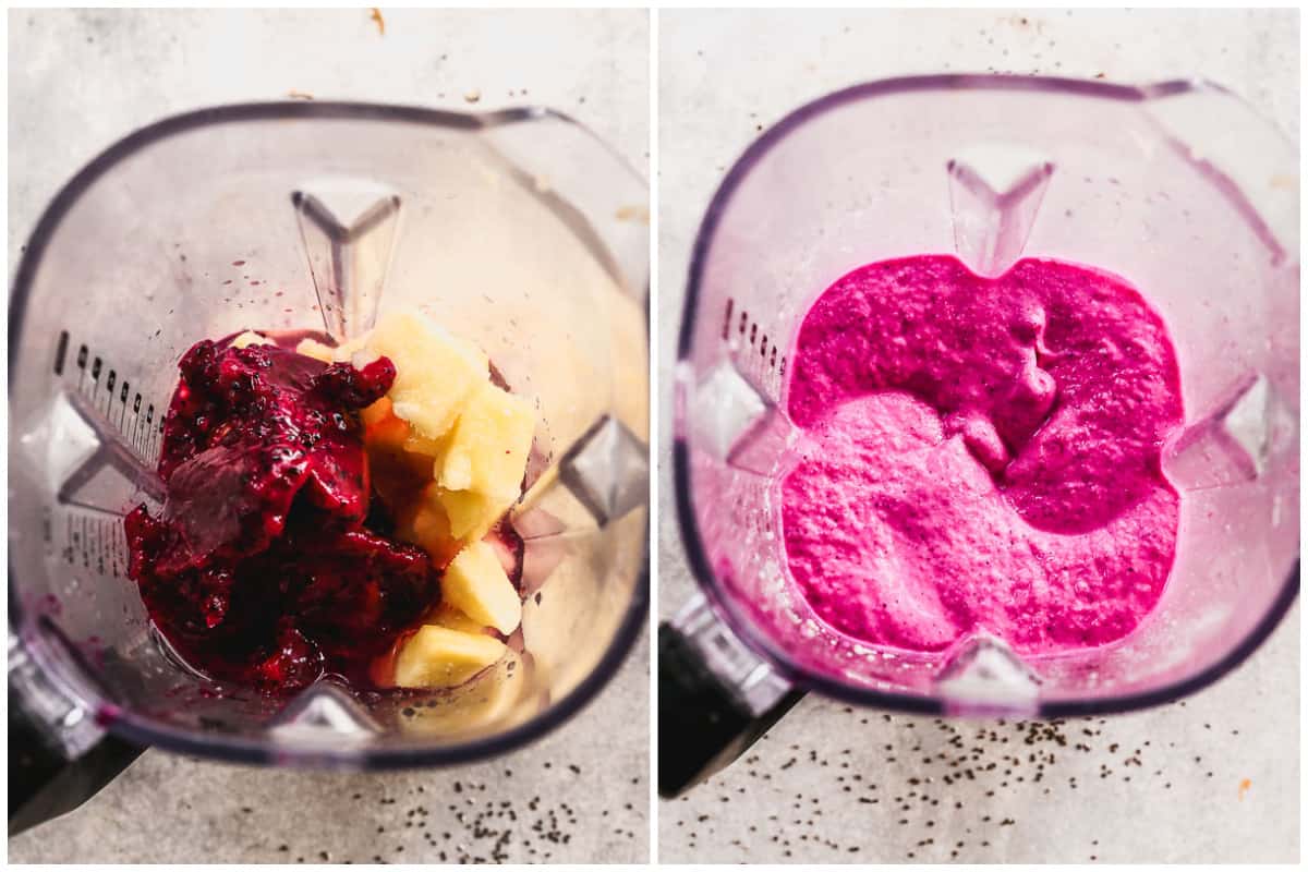 Two images showing pitaya fruit being blended with pineapple, banana, and coconut water to make a dragon fruit smoothie bowl.