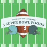 A graphic showing a football field and two helmets for an article about the top 5 super bowl foods.