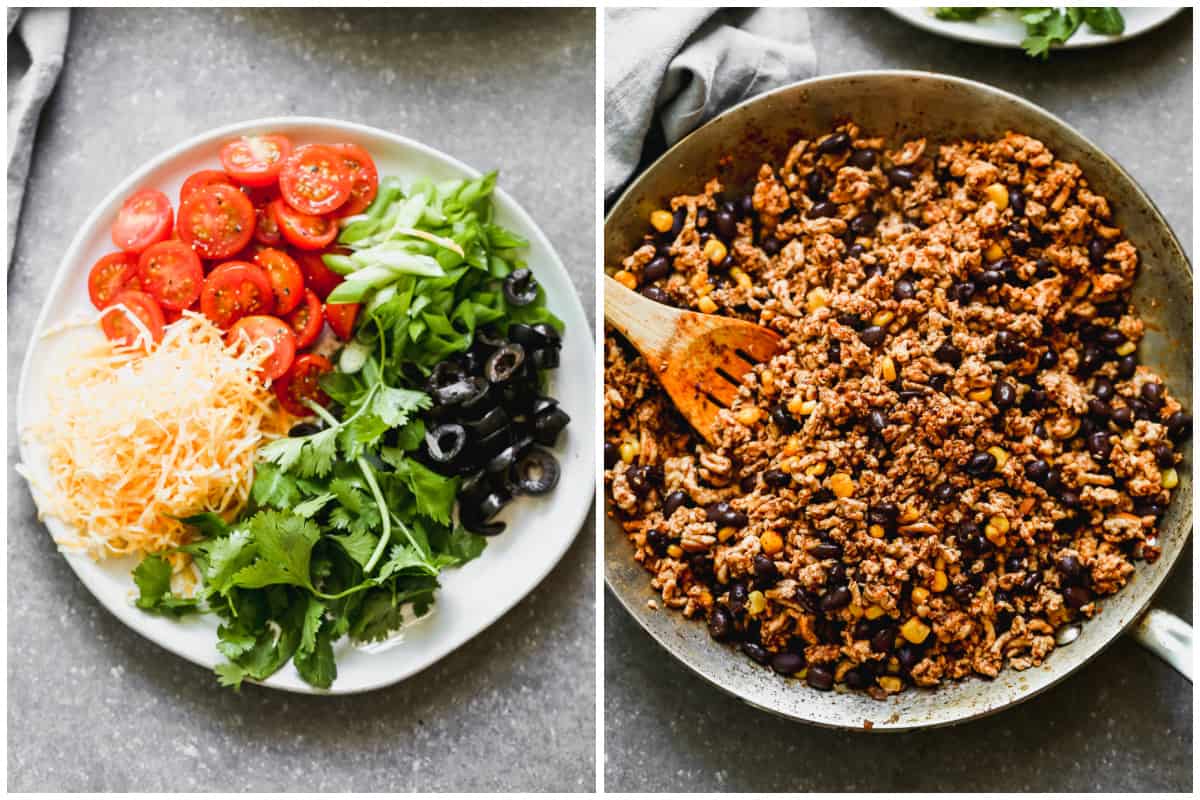 Two images showing a plate filled with all the toppings for taco salad: tomatoes, shredded cheese, green onions, olives, and cilantro; and another image of seasoned taco meat with corn and beans.