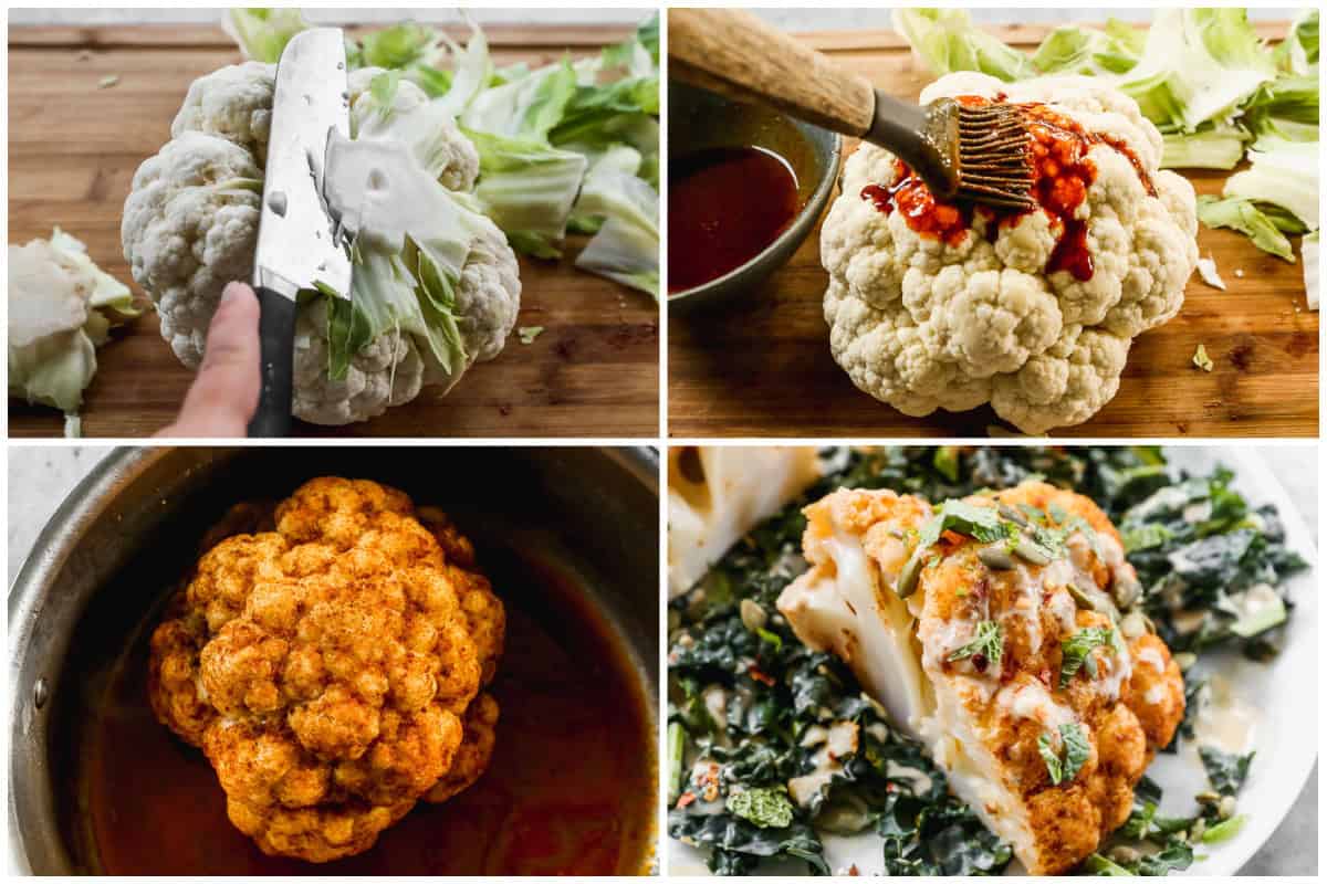 Cauliflower doesn't have to be boring! Follow my step by step instructions to quickly prep the best whole roasted cauliflower, covered in a flavorful sauce, roasted, and finished with a simple tahini sauce.