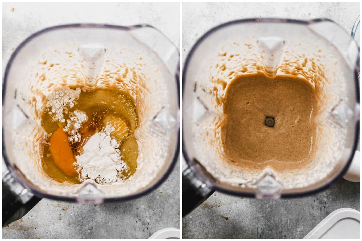 Two images with all the ingredients for whole grain pancakes in a blender before and after it's blended.