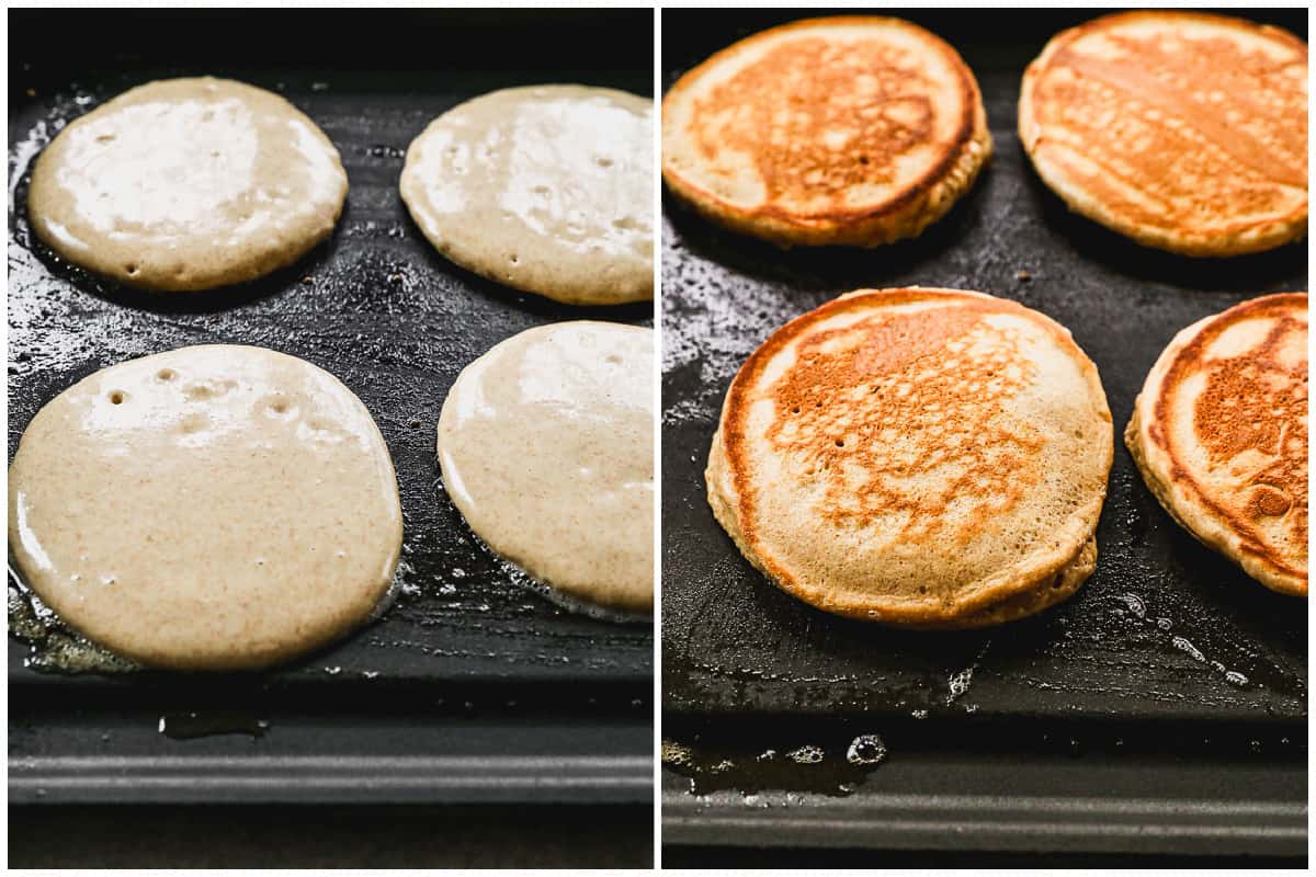 Two images showing fluffy whole wheat pancakes being cooked on an electric griddle.