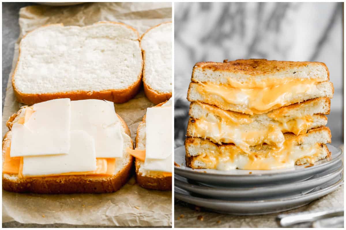 Two images showing how to make grilled cheese in the air fryer by assembling the sandwiches then cooking until golden and melted and serving stacked on a plate.