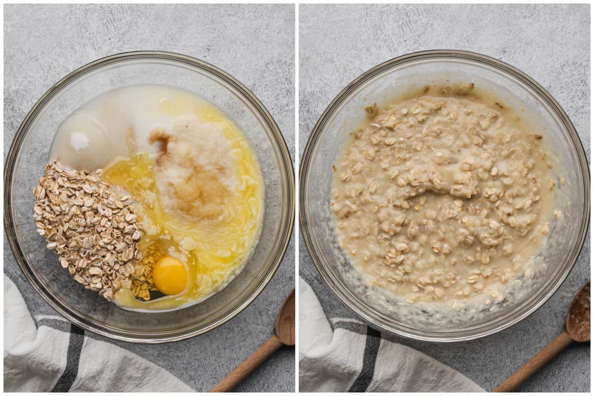 A bowl showing the wet ingredients for applesauce oat muffin batter before and after it's mixed.