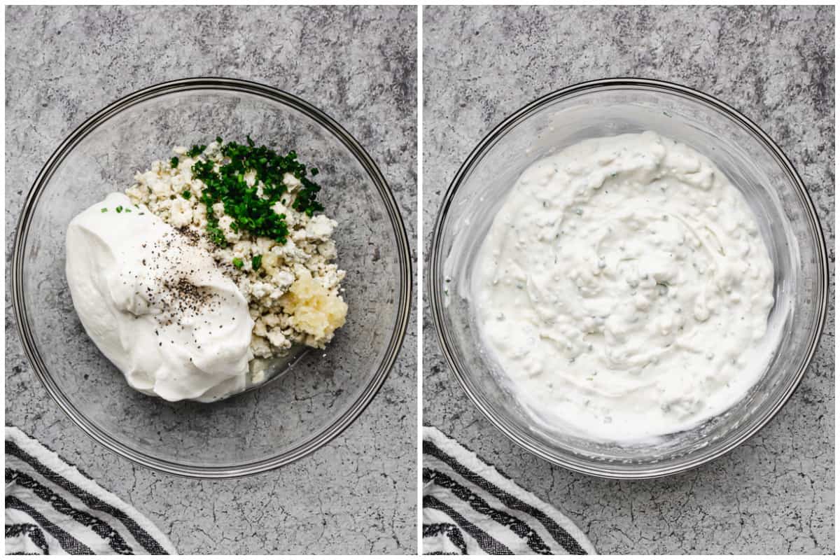 Two images showing how to make a homemade bleu cheese yogurt dip.