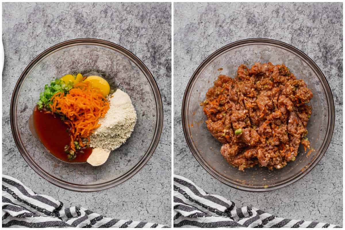 Two images showing chicken meatballs with buffalo sauce before and after the meat mixture is incorporated.