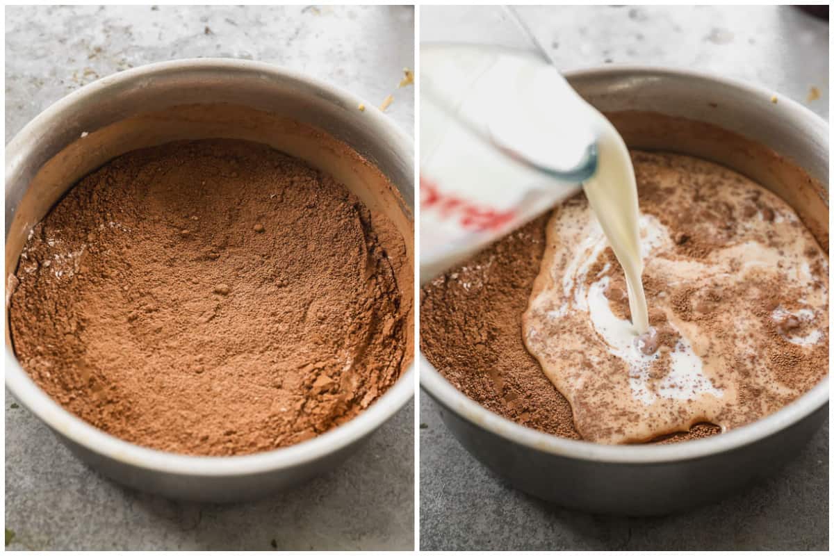 Two images showing milk being added to a dry mixture of cocoa powder, sugar, salt, and cornstarch to make easy chocolate pudding.