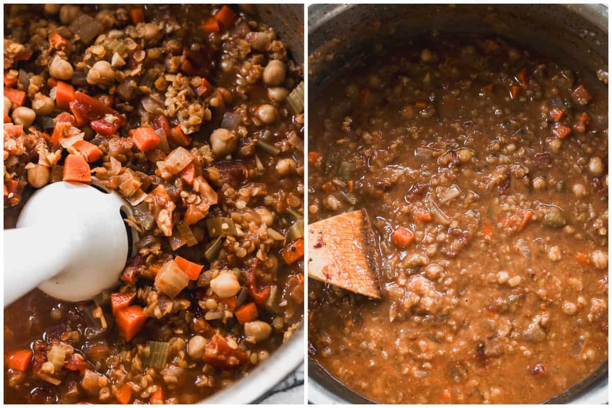 Two images showing how to blend some easy lentil soup.