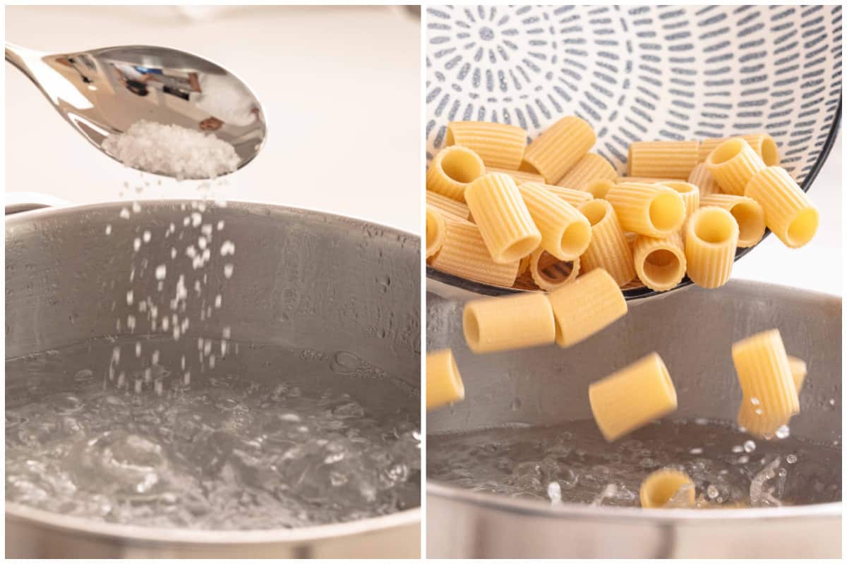 Two images showing salt and pasta being added to a pot of boiling water.