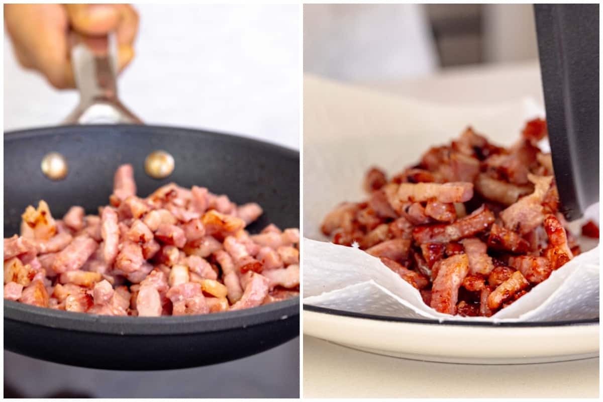 Two images showing the process of cooking little strips of pancetta and then the pancetta on a paper towel.