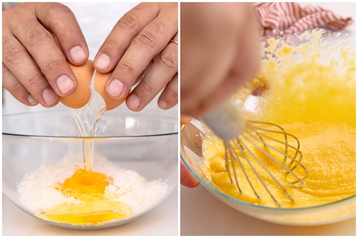 Two images showing eggs being added to a bowl of parmesan cheese, and then stirring it smooth for a homemade carbonara sauce.