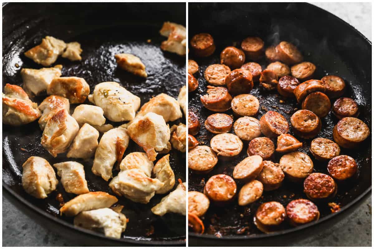 Two images showing chicken and sausage cooking in a cast iron pan to make the best Pastalaya recipe.