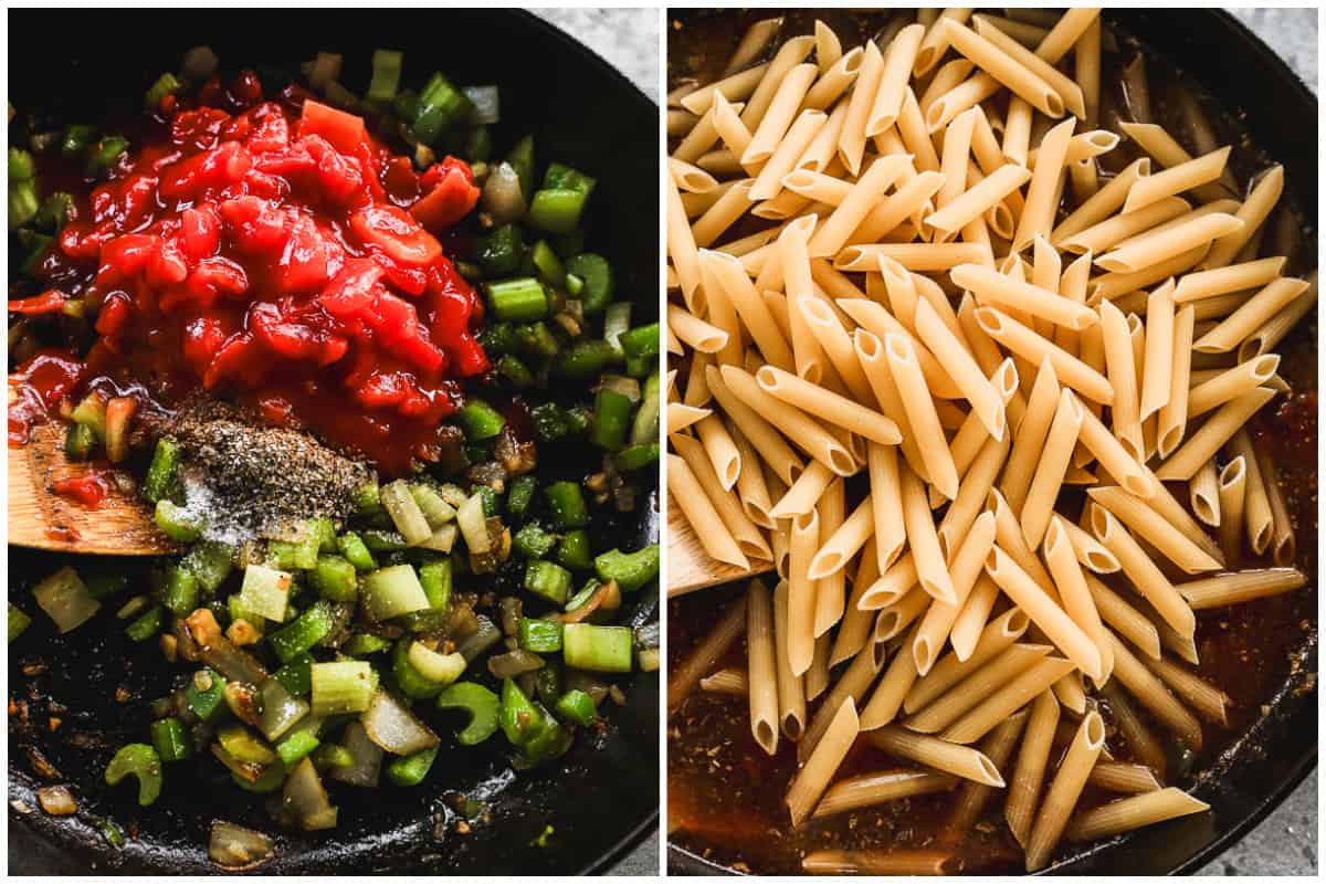 Two images showing canned tomatoes and spices being added to sautéed vegetables, then after dry pasta and broth are added to make homemade Pastalaya.