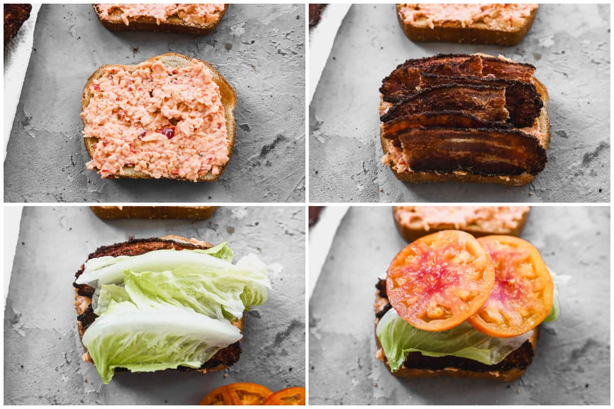 Four images showing the process of assembling a pimento cheese BLT sandwich.