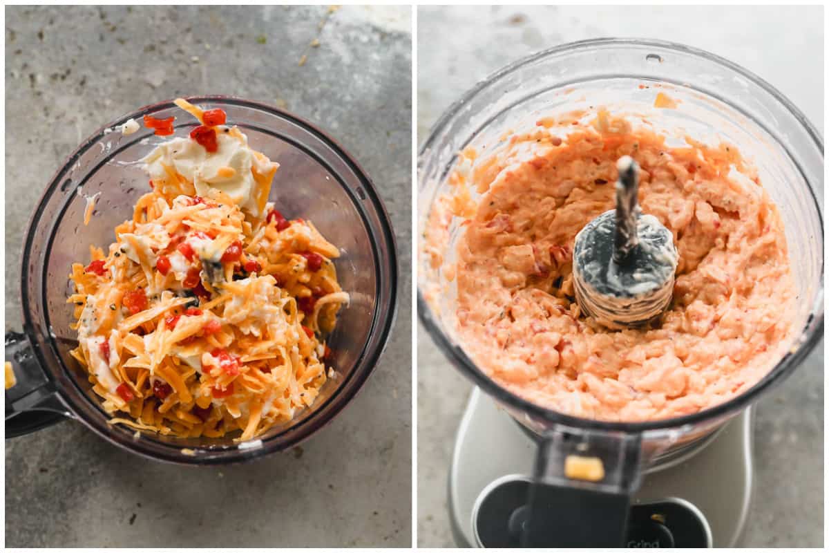 Two images showing how to make homemade Pimento Cheese dip using a food processor.