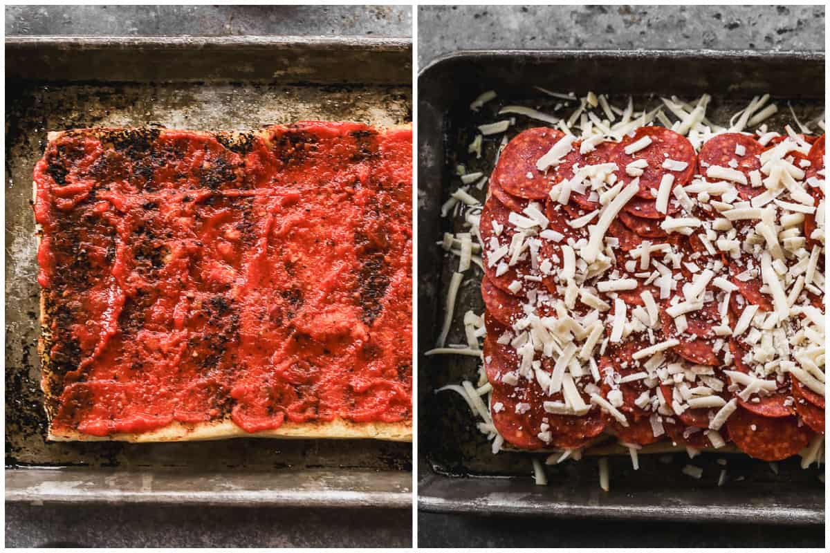 Two images showing marinara spread on top of toasted Hawaiian rolls, and then covered in pizza toppings for an easy Pizza Sliders recipe.