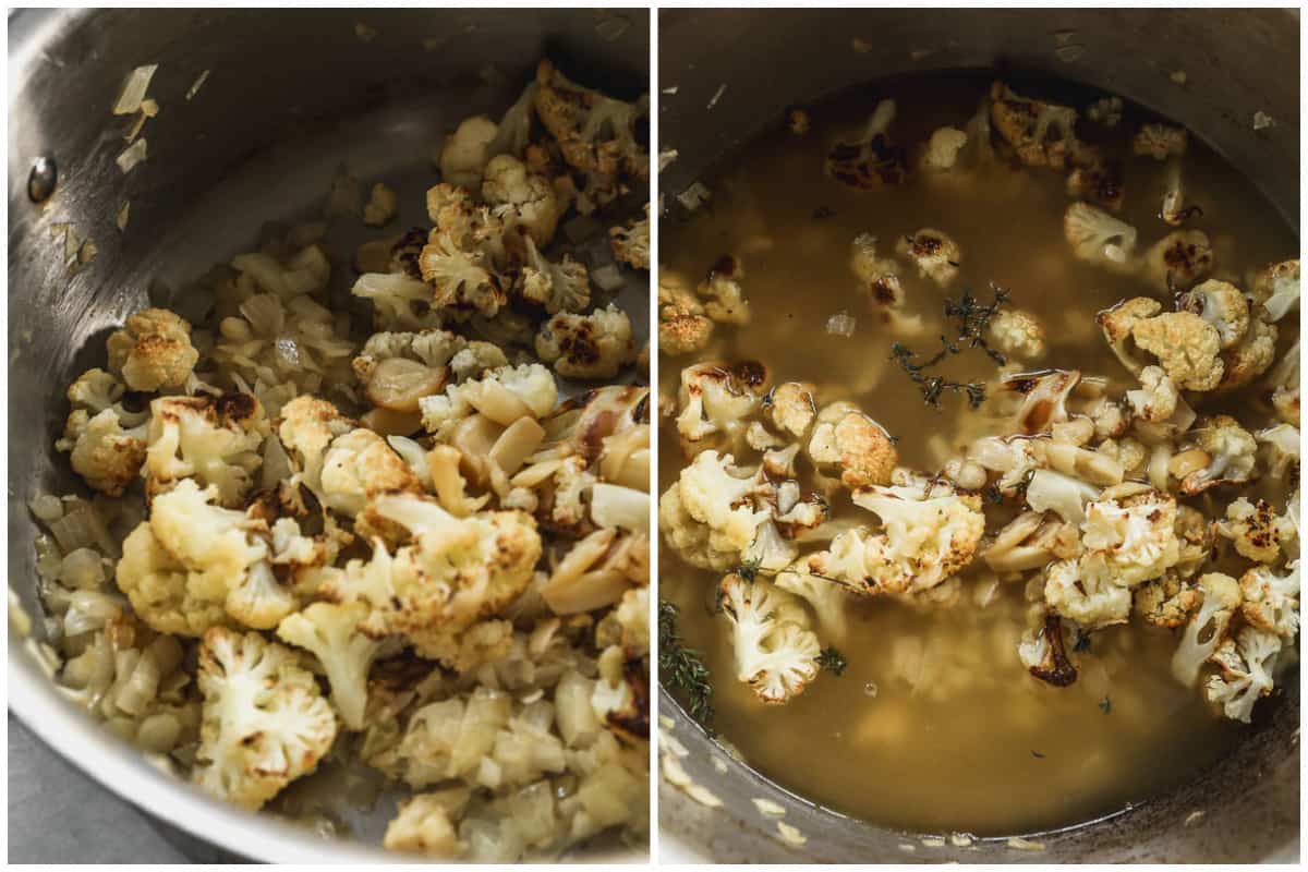 Two images showing the process of making the best Cauliflower Soup recipe.