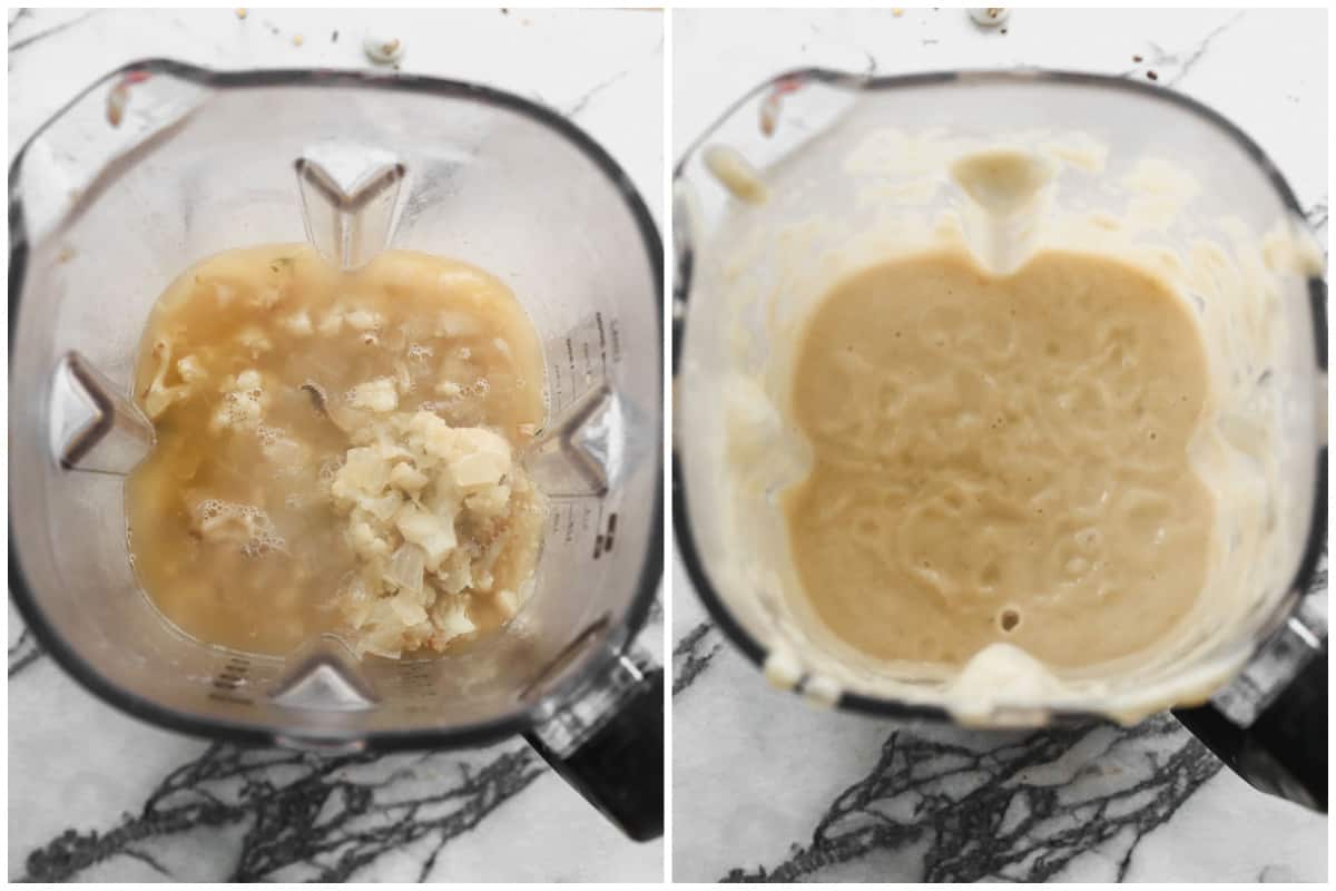 Two images showing creamy Cauliflower Soup before and after it's blended.