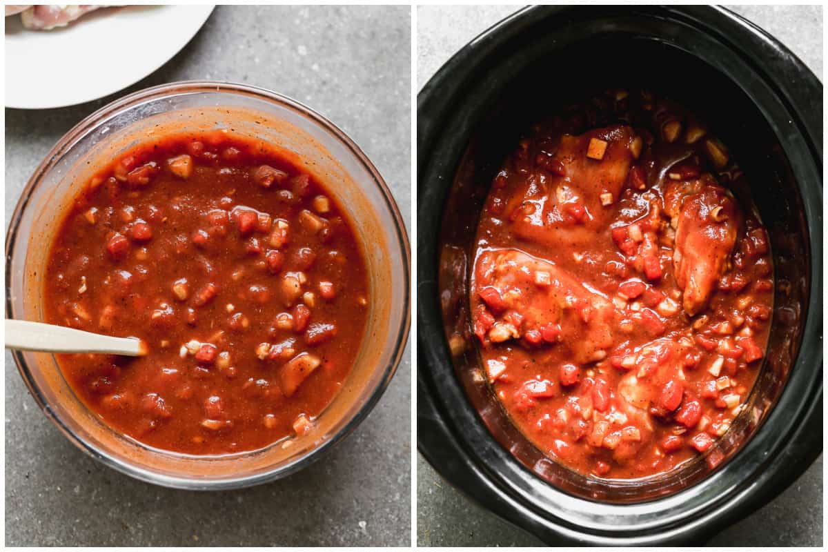 Two images showing how to make easy slow cooker chicken tikka masala, first making the sauce and then layering the chicken and sauce in the crockpot.