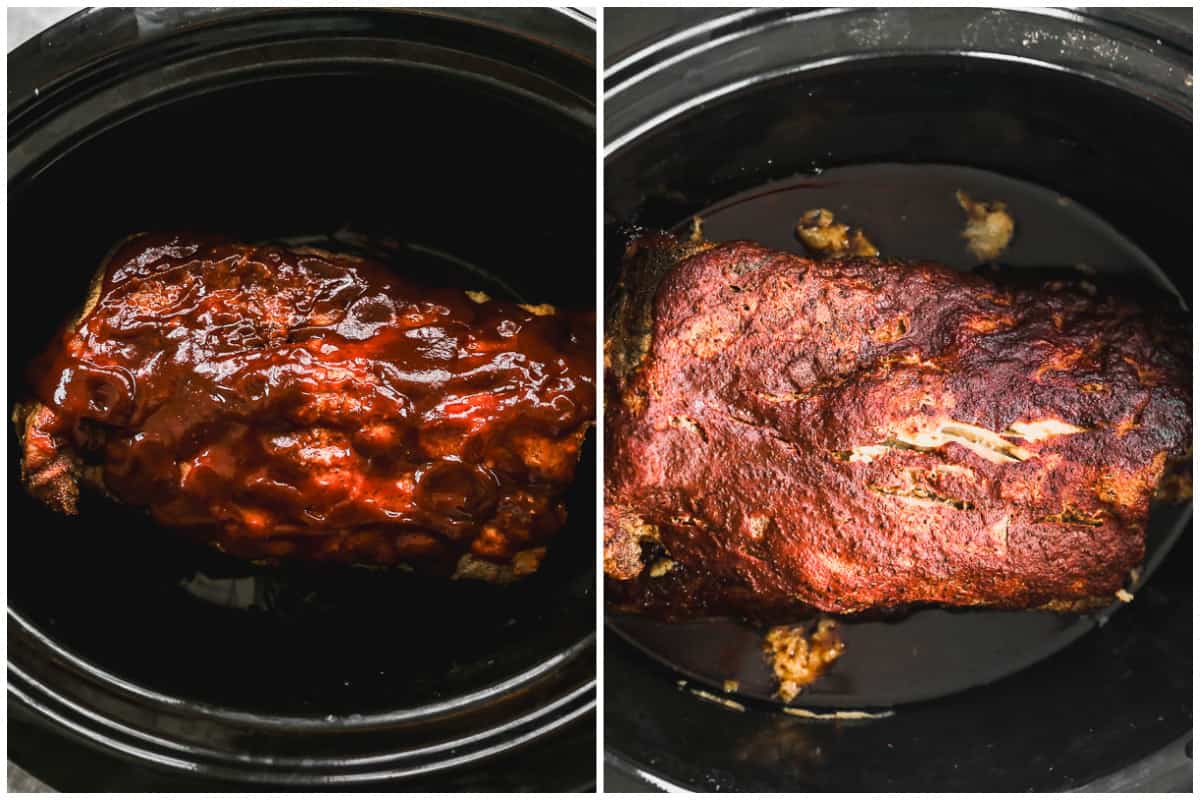 Two images of a rack of ribs smothered in BBQ Sauce in a slow cooker, and then after it's cooked. 