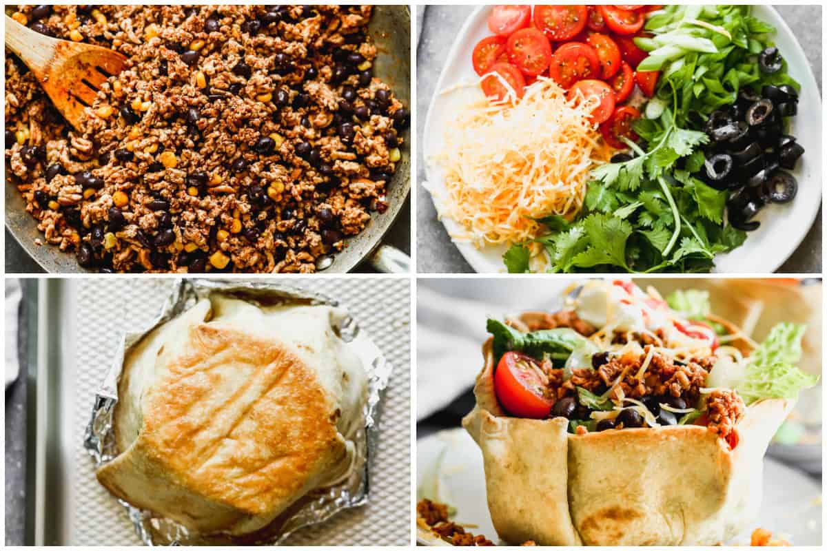 This healthy Taco Salad recipe has a flavorful beef mixture with taco seasoning, black beans, and corn then topped with chopped fresh vegetables in a delicious meal. 