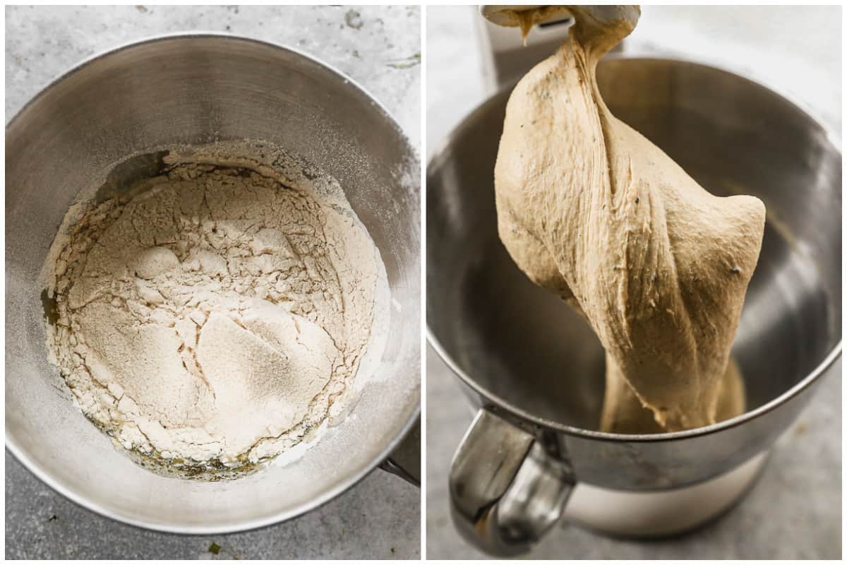 Two images showing flour dumped on top of a yeast mixture, and after the dough is kneaded, being lifted by the dough hook on the stand mixer.