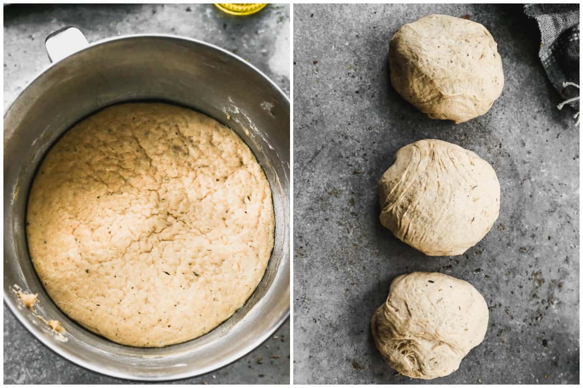 Two images showing the best wheat dough rising in a stainless steel bowl, then the dough divided into three balls.