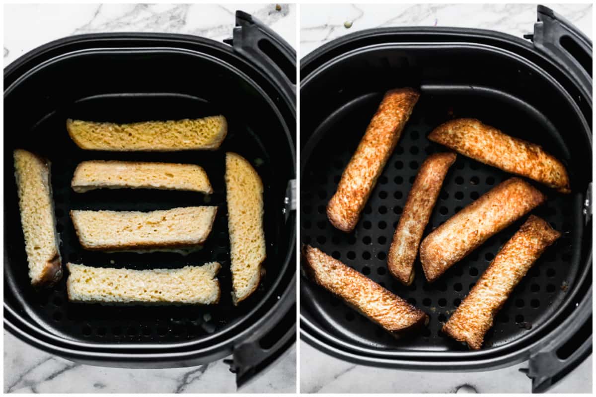 Two images showing an air fryer french toast recipe, before and after they are cooked.