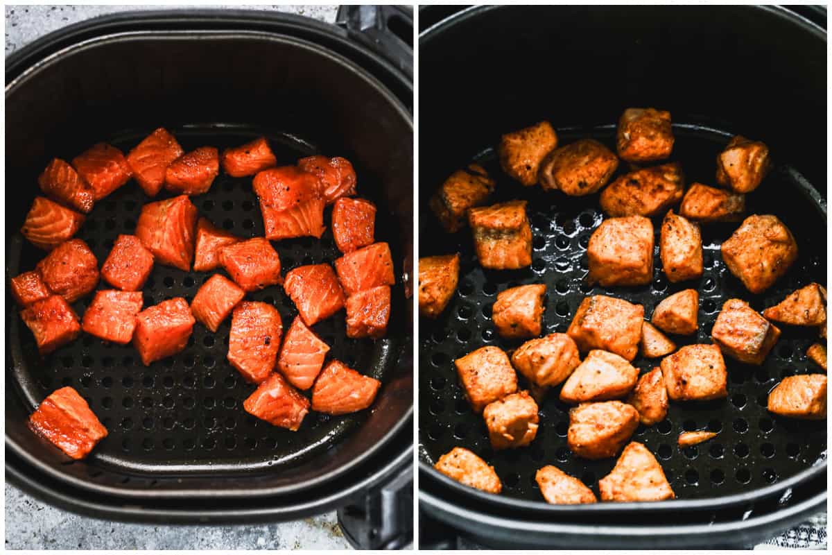 Two process photos of salmon bites in an air fryer, before and after cooking.