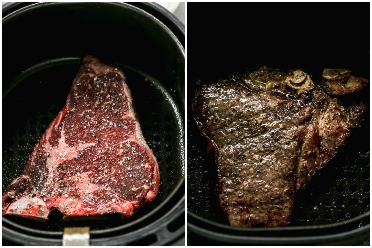 Two images showing how to cook stead in air fryer, showing before and after it's cooked.