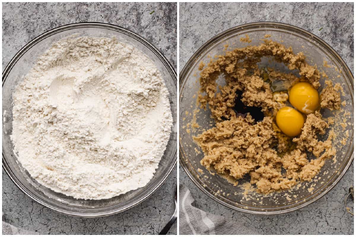 Two images showing the first steps of how to make a banana cake by mixing the dry ingredients and the wet ingredients separately.