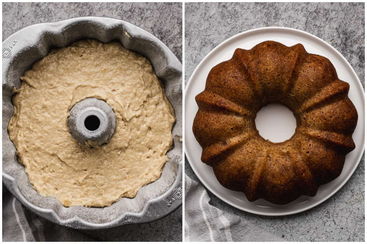Two images showing a moist banana cake recipe before and after it's baked in a bundt pan.